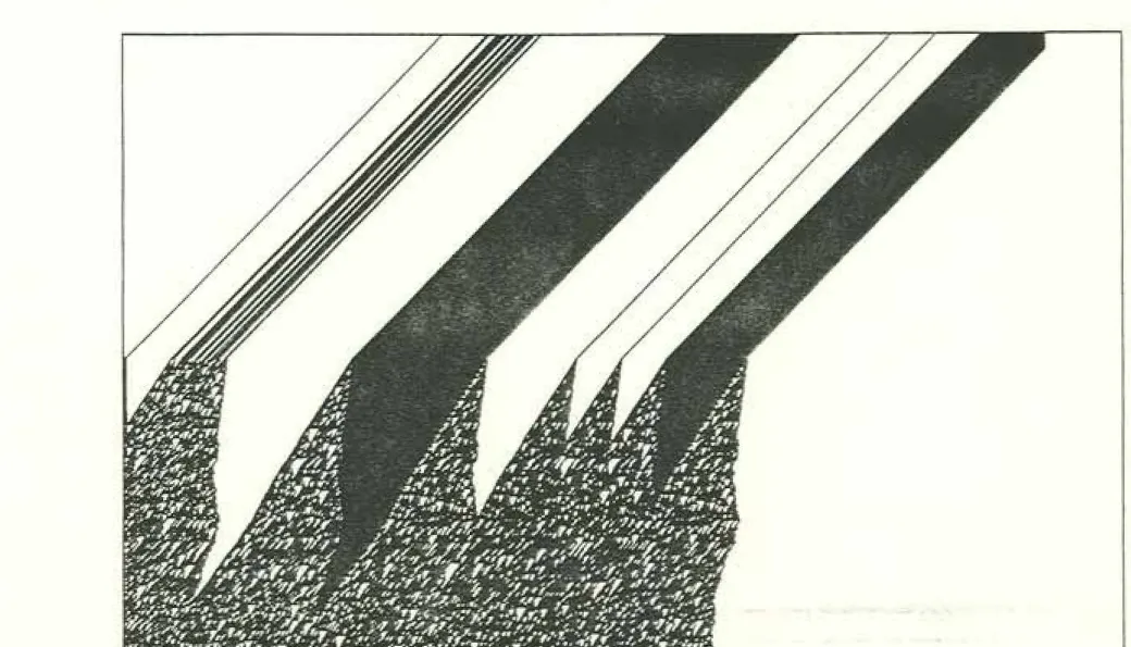 Bit pattern visualization of the 3x+1 iterates from the Cellular Automata '86 Conference