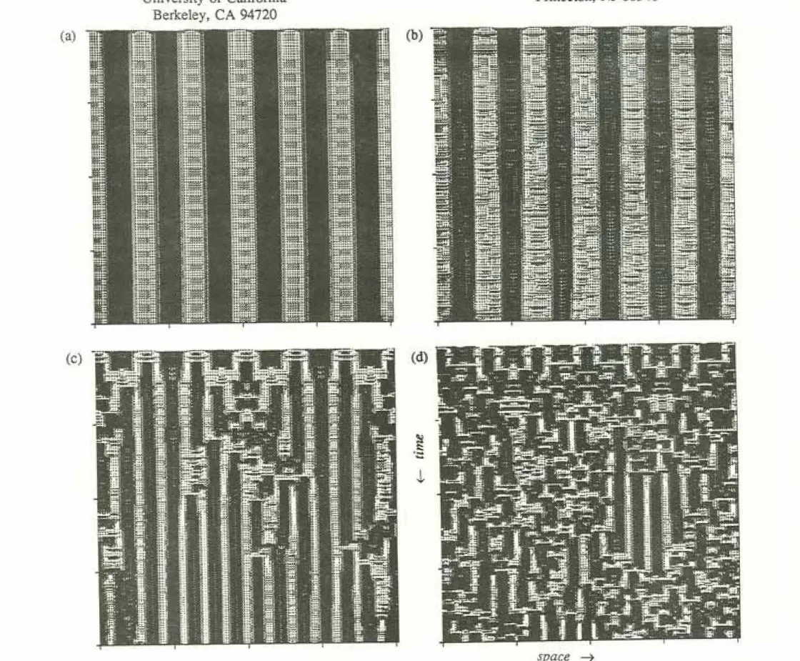 Four spacetime panels from Crutchfield and Packard on bifurcations in discretized spatially-extended systems