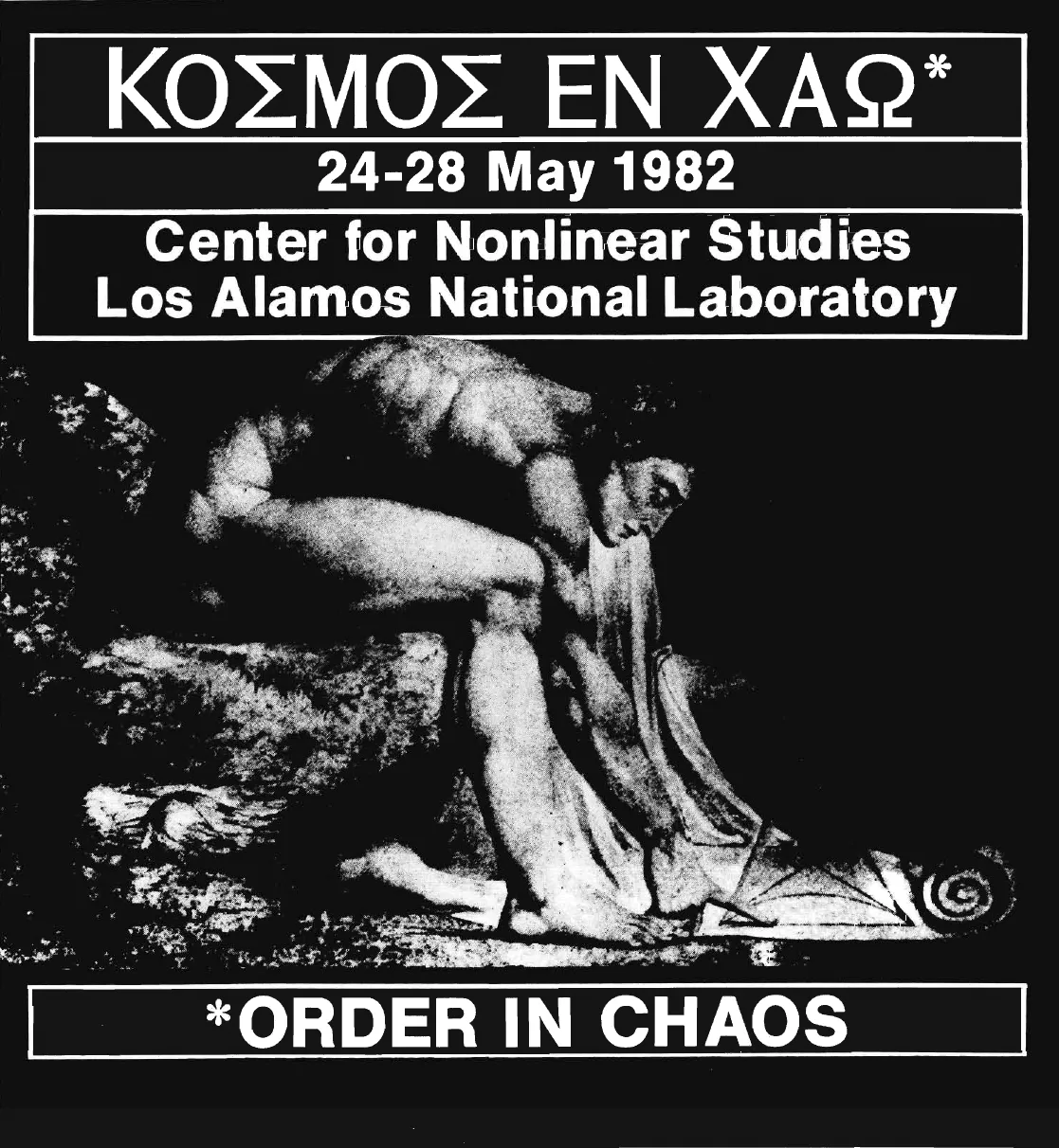 Primary-source scan of the cover for Order in Chaos: Review of the CNLS Conference on Chaos in Deterministic Systems, showing the KOSMOS EN XAOS conference poster.