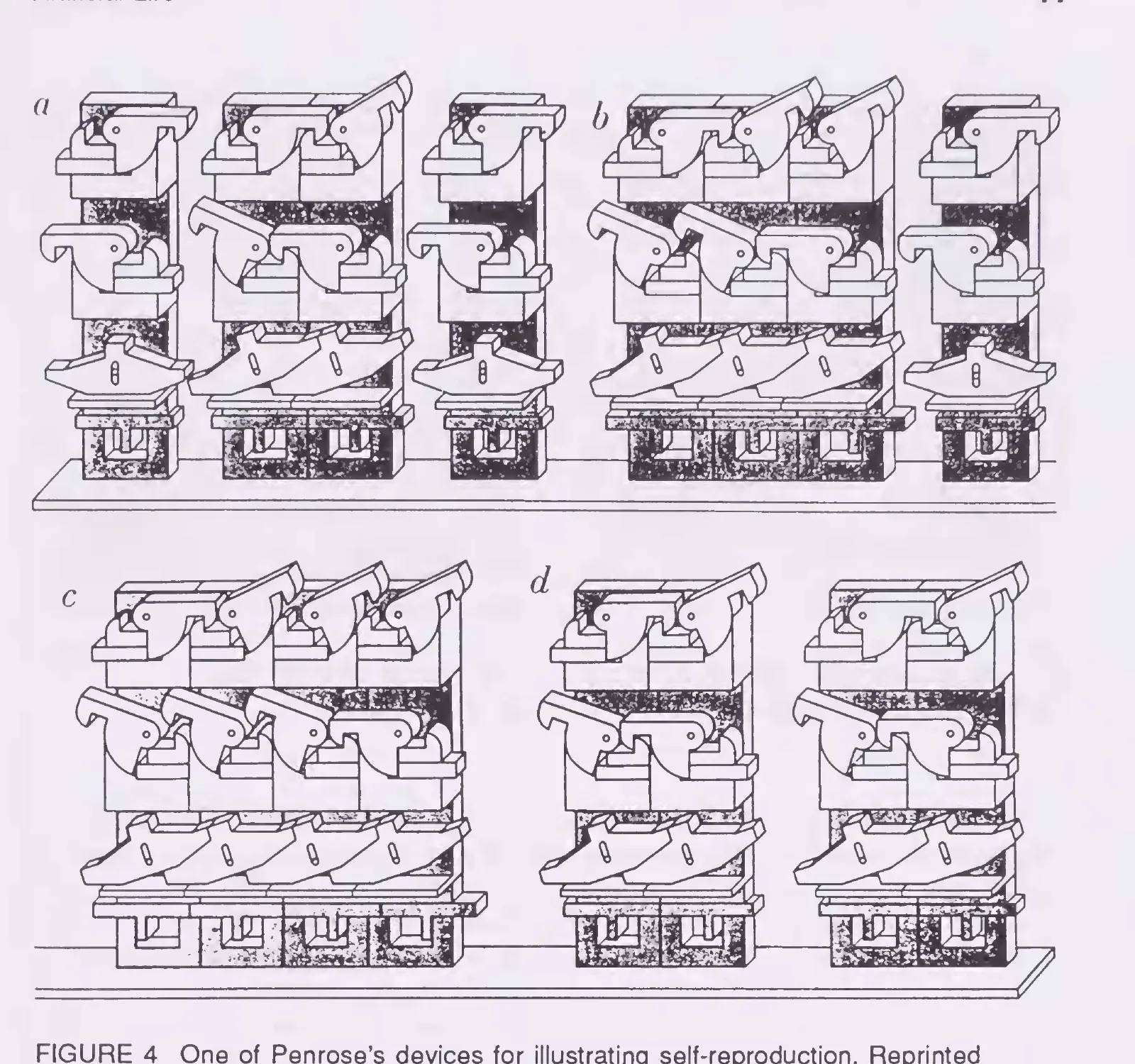 Primary-source scan of Figure 4 from Langton's Artificial Life chapter in ALIFE I, showing one of Penrose's devices for illustrating self-reproduction with the printed caption visible.